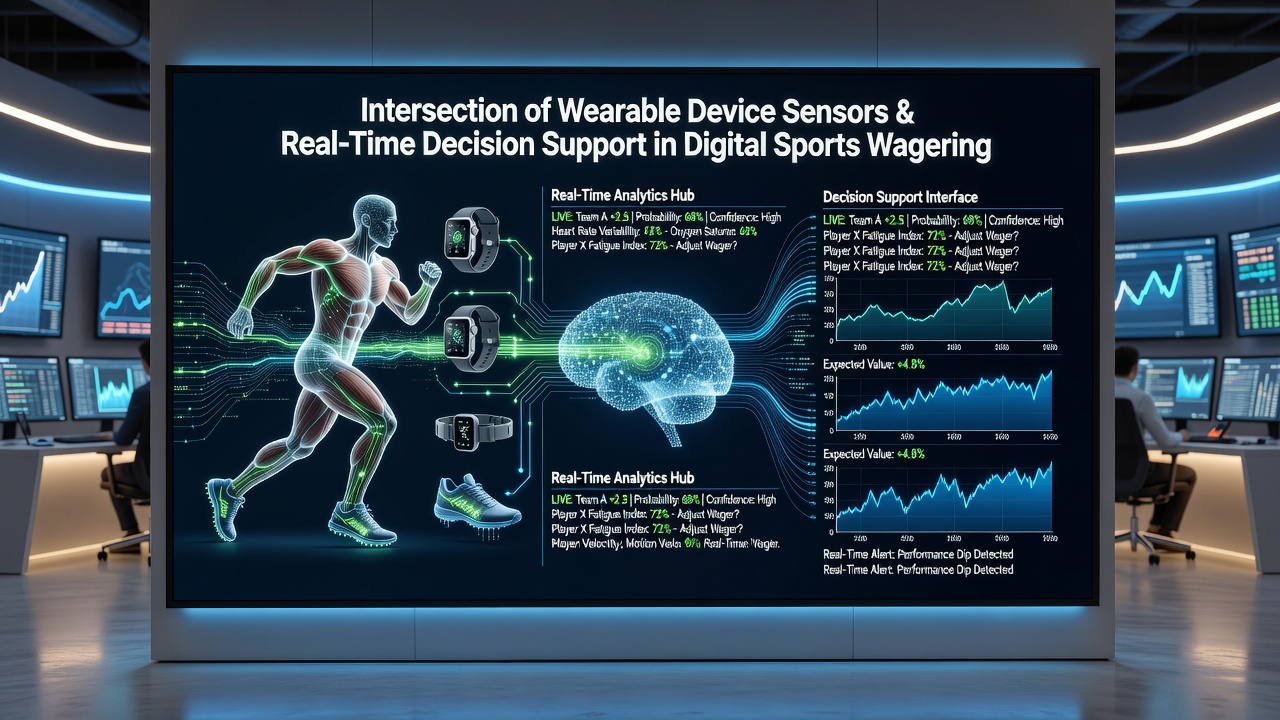 Close-up of smartwatch sensor data overlay on a tablet showing live sports odds with overlaid biometric decision support indicators